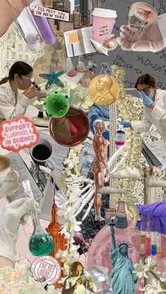 the collage is made up of many different items and people in white lab coats