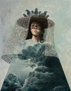 a painting of a woman with birds on her head and clouds in the sky behind her