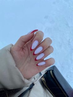 Red And White Almond Nails, White Oval Nails, Red And White Nails, White Gel Nails, Cow Nails, Sassy Nails, Nails Now, Glow Nails