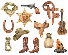 an assortment of cowboy related items including boots, hats, and scarves are depicted in this watercolor painting