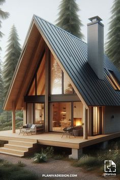 an image of a small house in the woods with stairs leading up to it's roof