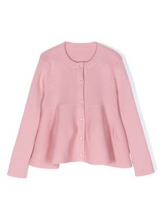 rose pink cotton blend ribbed knit A-line crew neck front button fastening long sleeves flared hem straight hem Cardigan Pink, Girls Cardigan, Ribbed Cardigan, Pink Cotton, Girl Top, Rose Pink, Pink Roses, Ribbed Knit, A Line