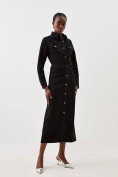 A Timeless Staple That Can Be Worn From Desk To Dinner, This Dress Features A Classic Shirt Style. Tailored With Premium Denim For A Fitted Appearance, With A Fly Collar, Long Sleeves And Patch Pocket Detailing. Pair This Piece With Kitten Heels For Elevated Workwear.Shirt Stylemidi Dresspocket Detaillong Sleeves Elevated Workwear, Work Style, Midi Shirt Dress, Mid Dresses, Black Shirt Dress, Long Sleeve Midi, Karen Millen, Pocket Dress, Premium Denim