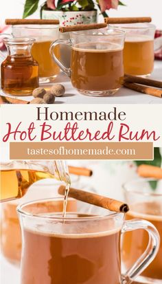 homemade hot buttered rum recipe with cinnamon sticks in the mugs and two glasses full of it