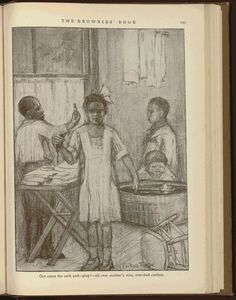 an old book with a drawing of two women in the kitchen and one is holding a bird