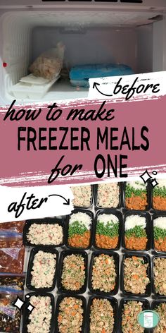 an almost empty freezer on top and many single serve meal prep containers with dinners in them on the bottom Diy Frozen Dinners For One, Single Serve Freezer Meal Prep, 1 Person Meals Cooking For One Easy, Freezer Sheet Pan Meals, Individual Freezer Meals For One, Single Serve Freezer Meals, Single Serving Freezer Meals, Freezer Meals For One, Single Serve Meal Prep