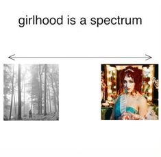 a girl with red hair is standing in the woods and has an arrow pointing to her right