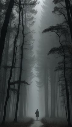 a person standing in the middle of a foggy forest with trees on both sides