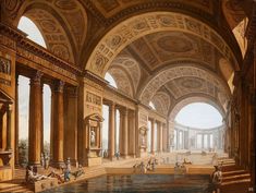 this is an image of a painting of people in a building with columns and arches