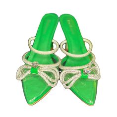 -Stiletto Shoe Mules -Clear Pumps Sandals Heels With Rhinestone Bowknot Design Style -Pointed Toe Sandals Heels High: 3.82inch/9.7cm(Approx) -Pu Leather Insole And Rubber Sole -Backless Slip On Pumps -Sparkly Rhinestone Straps Prevent The Feet From Sliding Forward -Can Fit Women’s Size 10 Wide Elegant Green Sandals With Rhinestones, Formal Green Heels With Rhinestones, Glamorous Green Heels With Rhinestones, Green Rhinestone Heels, Green Rhinestone Open Toe Heels, Elegant Green Open Heel Mules, Green Pointed Toe Sandals With 4-inch Heel, Clear Pumps, Slip On Heels