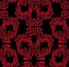 an ornate red and black background with swirls on the edges, in square format