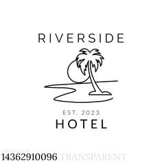 the logo for riverside hotel, which is located in front of an ocean and palm tree