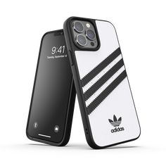 the adidas case for iphone 11 is shown in white and black with stripes on it