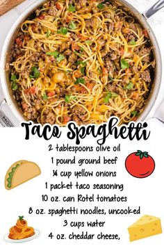 the recipe for taco spaghetti in a skillet is shown with ingredients to make it