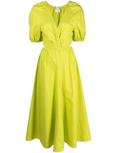 pear green cotton V-neck short puff sleeves concealed front fastening elasticated waistband A-line skirt cut-out detailing at back straight hem Cotton Midi Dress, Green Midi Dress, Vestido Casual, Green Cotton, A Line Skirt, Shades Of Green, Puff Sleeves, A Line Skirts, Day Dresses