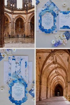 wedding stationery with blue and white flowers on the front, inside an old building