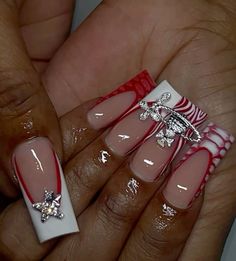 Birthday Acrylic Nails Ideas, Red Silver And White Nails, Acrylic Sets Nails, Square Nails Acrylic Medium, Red Nail Designs Long, Red Inspo Nails, Red Nail Sets, Long Acrylic Nails Square, Red Nails Acrylic