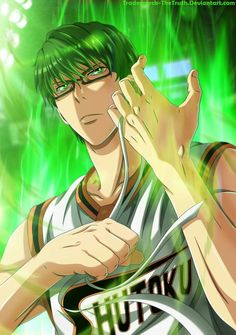 an anime character with green hair and glasses holding his hand up in the air while wearing a basketball uniform