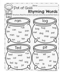 printable worksheet for reading the pot of gold and rhyming words