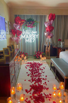 Romantic Surprise Bedroom Décor 
#BedroomSurprise #WillYouMarryMe #RomanticSurprise #BedroomDecor #LoveNest #IntimateSpaces #CozyEvenings #Bedroomideas #CouplesBedroom #BedroomDecor #RomanticBedroom #NightDate #HappyAnniversary #RoseBedroom #Trendy Marry Me Party Ideas, Hotel Proposal Ideas Romantic, Will U Marry Me Proposals Romantic, Proposal Hotel Room Ideas, Will You Marry Me Letters, Would You Marry Me Proposals, Proposal Ideas On A Budget, Marry Me Hotel Room Decor, Engagement Room Decoration Ideas