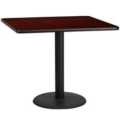 a square table with a black base and a dark wood top on an isolated white background