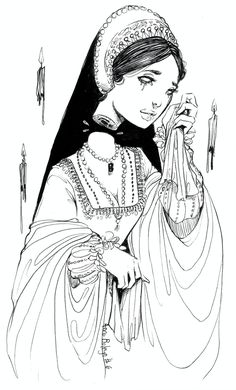 a black and white drawing of a woman in medieval dress holding a glass with her hand