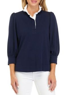 A ruffled collar offers notable prep to this swing polo shirt from Crown & Ivy that's updated with 3/4-length puffed sleeves. | Crown & Ivy Women's 3/4 Sleeve Ruffle Swing Polo Shirt, Navy Blue, XS Polo Shirt Style, Ruffled Collar, Puffed Sleeves, Womens Clothing Tops, Ivy, Shirt Style, Polo Shirt, Navy Blue, Athletic Jacket