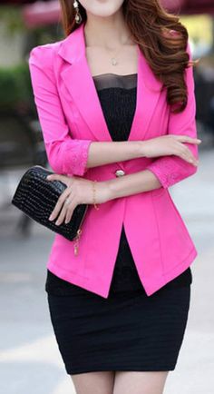 Hot Pink Blazer http://momsmags.net Fuschia Blazer Outfit, Three Quarter Sleeve Blazer, Cool Winter, Outwear Jackets, Sammy Dress, Work Wear Women