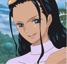 an anime character with long black hair and blue eyes wearing a crown on her head