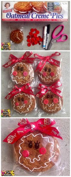 some cookies are wrapped in plastic and tied with red ribbon to look like they have been decorated