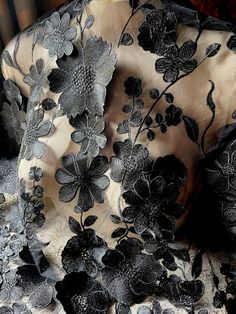 Astounding BLACK 3D fabric, wonderful flowers sprinkled throughout.  * Listing is for a HALF yard, embroidered width of fabric is about 54" additional quantities MIGHT NOT ship continuous, as currently it's in 2 pieces. . VERY limited quantity. More lace, stretch lace, appliques, flowers, leaves and other lovelies located here: LACES: http://www.etsy.com/shop/MaryNotMartha?section_id=6414105 STRETCH LACES: http://www.etsy.com/shop/MaryNotMartha/search?search_query=STRETCH+LACE&search_submit=&sea Elegant Black Fabric With Floral Embroidery, Fitted Black Embroidered Fabric For Party, Black Floral Embroidered Fabric For Party, Black Party Fabric With Floral Embroidery, Upcycled Couture, 3d Fabric, Wonderful Flowers, Woman's Fashion, Bridal Inspo