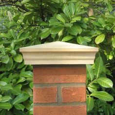 a close up of a brick chimney with leaves in the background