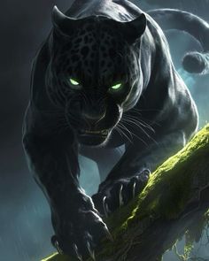 a black panther with green eyes climbing on a tree branch in the rain, 3d digitally rendered image