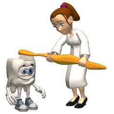 a cartoon character holding a large toothbrush next to an animated tooth model with a smile on it's face