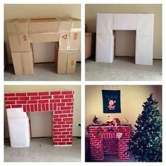 cardboard fireplaces made to look like they are being used as christmas decorations for the house