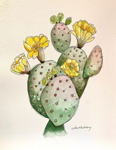 a drawing of a cactus with yellow flowers