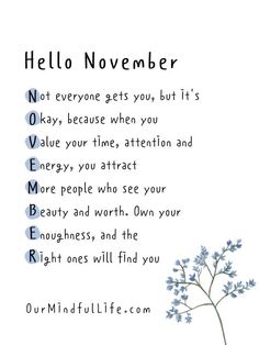 a poem written in blue ink on white paper with the words hello november and flowers