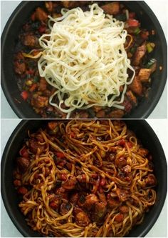 two pictures showing different types of food in the same pan, one with noodles and another with meat