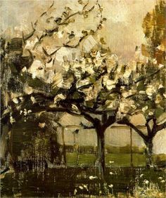 an abstract painting of trees in bloom