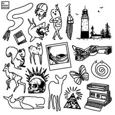 an image of various things drawn in black and white