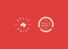 the logo for split shift coffee, which is red with white lettering and a horse on it