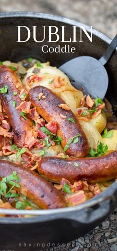 two sausages and potatoes in a skillet with the words dublin code above them