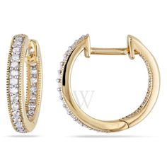 These splendid inside outside hoop earrings are crafted in 14k yellow gold and feature 46 round-shaped shimmering diamonds (0.23 ct. T.W.) studded beautifully on it. Give yourself a glamorous look with these trendsetting earrings. The diamonds are GHI in color and I1;I2 in clarity. 1/4 CT TW Diamond Inside Outside Hoop Earrings in 14k Yellow Gold JMS004800 Glamorous Look, Inside Outside, Diamond Stone, Metal Stamping, Fashion Earrings, Stone Color, Gold Metal, Women's Earrings, Hoop Earrings