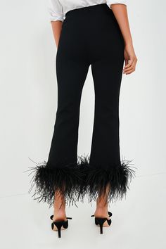 The ultimate party pants- the Black Feather Knit Ashford Pants are ready to dance the night away with you this holiday season. Crafted from a stretch knit fabric that holds you in with a touch of compression, these can go this distance from a dynamite disco to a festive dinner party. Go for a fully bold look with the matching feathered Miranda top, or pair it with a crisp blouse, a silky camisole, or a soft sweater for a party-ready look! High rise Lay flat waistband Pull on styling, no zipper F Feather Pants, Silky Camisole, Festive Dinner Party, Cocktail Dress Code, Festive Dinner, Girls Couture, Party Pants, Green Corduroy, Cocktail Attire