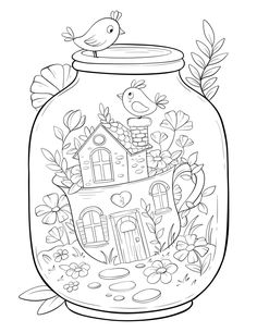 a jar with a house and birds inside