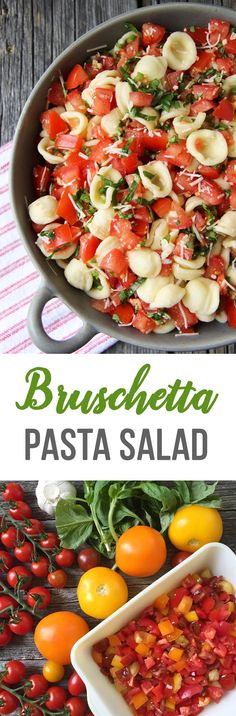 pasta salad in a pan with tomatoes and basil on the side