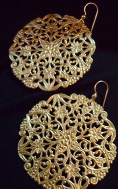 In search of big gold earrings...$25 etsy Gold Ornate Chandelier Earrings, Ornate Gold Brass Chandelier Earrings, Ornate Round Chandelier Earrings With Intricate Design, Gold Ornate Chandelier Earrings With Intricate Design, Gold Chandelier Earrings With Intricate Design For Party, Gold Filigree Earrings For Party, Gold Round Earrings With Intricate Design, Gold Brass Chandelier Earrings With Intricate Design, Gold Bohemian Filigree Chandelier Earrings