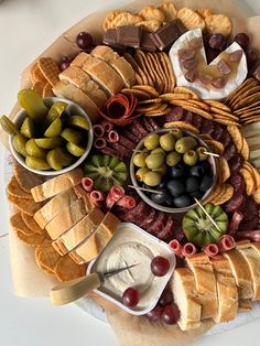 Homemade Charcuterie board, cheese board, diy cheese board, olives, Brie, crackers, cheese platter, platter, cheese pairing, wine snack, salami, desserts, snacks, summer snack Cheese Platter For 2, Savoury Food Board, Cheese Cracker Olive Platter, Charcuterie Board With Crackers, Bread And Dip Platter, Salami And Cheese Board, Charcuterie Board Book Club, Bread And Cracker Charcuterie Board, Picky Bits Platter