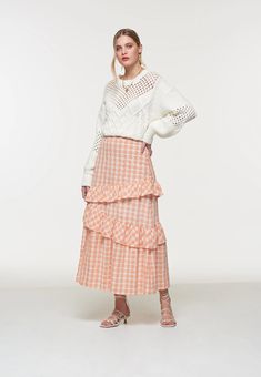 Our love affair with summer checks continues with this playful midi skirt. This style features asymmetric ruffles and a gentle front split to allow you to walk, dance and play. Walk Dance, Ruffle Midi Skirt, Party Edit, Sassy Women, Puff Sleeve Shirt, Color Free, Love Affair