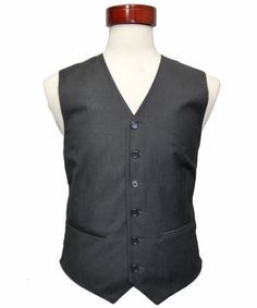 Men's dark gray  color wool feel vest 20 % rayon 80 % polyester size match suit size. Black Notch Lapel Vest For Business, Classic Tailored Gray Vest, Classic Gray Vest For Work, Gray Tailored Vest For Business, Classic Fitted Gray Vest, Gray Fitted Vest For Business, Fitted Gray Vest For Business, Classic Black Suits With Vest, Classic Black Suit With Vest